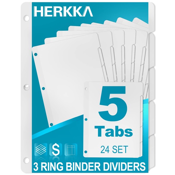 5-Tab Binder Dividers, HERKKA 3 Ring Binder Dividers with Reinforced Edge, 3 Hole Punch Section Index Dividers for Binders, 1/5-Cut Tabs, Letter Size, White, 120 Dividers