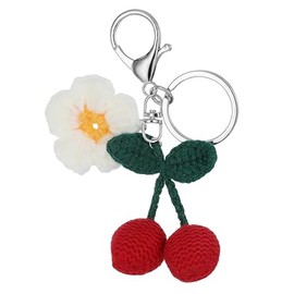 Luhaomisky 1 Pcs Red Cherry Keychain Handmade Weaving Cute Flower Key Chains Accessories Cute Bag Purse Charms for Handbags Backpacks Car Keys Decoration