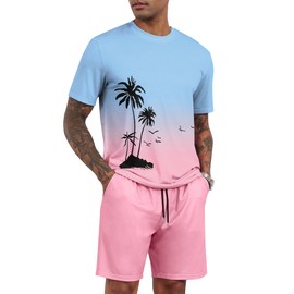 LecGee Men's Summer Casual 2 Piece Outfits Hawaiian Graphic Print Tee T Shirt Drawstring Waist Board Shorts Set(P,L)