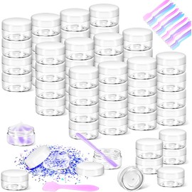 Paquete de 50 tarros de plástico de 10 g con tapas, recipientes redondos transparentes de 10 ml, tarros de maquillaje, frascos de tamaño de viaje con 20 espátulas para muestra, crema de