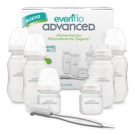 Evenflo Advanced Set Avanzado de 6 Biberones Ortodónticos con Escobillón, Silicón Grado Alimenticio, Libre de BPA, Cuello Angosto, Sistema Triple de Ventilación, para Bebés 0-3 Meses