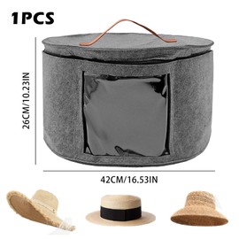 Foldable Hat Storage Box, Round Hat Storage Hat Box with Lid and Zip, with Leather Handle, Transparent Window Hat Storage Boxes for Cupboard or Travel, 42 x 26 cm (Grey)