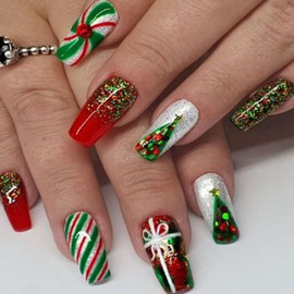 Christmas Press on Nails Coffin Medlium Fake Nails with Glitter Stripe Christmas Tree Designs Glossy Glue on Nails Red Acrylic Nails Green False Nails Artificial Stick on Nails for Women 24Pcs