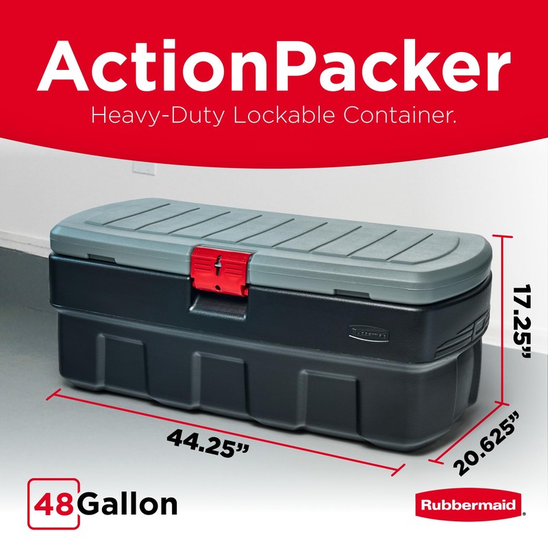 Rubbermaid 48 Gallon Black Action Packer Lockable Latch Indoor and