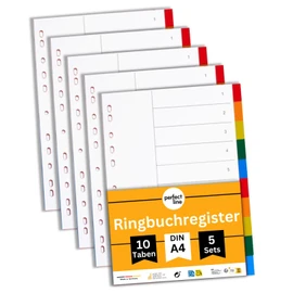 perfect line perfect line - Ordner-Register DIN-A4 aus Kunststoff (PP), 10 Taben (10-teilig), 5er Set, Trennblätter für Akten-Ordner, recycelbar, made in Germany