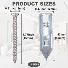 PAGOW 20 Pcs Self-Drilling Anchors,Anchors and Screws for Heavy Duty, Metal Screw Anchors Kit, No Drill and Holes in Wall (10 Pcs Steel Anchors 0.47"x1.57" + 10 Pcs Zinc Screws 0.31"x1.77")