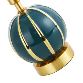Traditional Classic Dark Teal Gloss Spherical Ceramic Table Lamp with Polished Gold Stripes | 24cm x 14cm | Inline Switch on Clear Cable by Happy Homewares