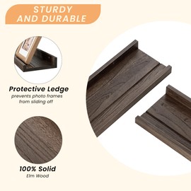 Picture Ledge Shelf, Elm Wood Floating Shelves for Wall, Rustic Wall Storage Shelves with Lip, Kids Bookshelf, Photo & Picture Ledge Shelves for Bedroom, Living Room, Kitchen (Walnut, 48in Set 2)