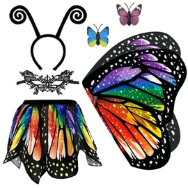 Pack of 5 Costume Children's Butterfly Girls Butterfly Wings - Double-Sided Print Butterfly Cape Wings Cape with Tutu Skirt Headband Face Mask for Carnival Fancy Dress Costume (Rainbow)