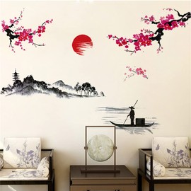 Condessacity Wall Stickers, Scenery, Flowers, Day, Plum Blossom, Mountain River, Boat, Stylish, Removable, Wall Stickers, Waterproof, Wall Stickers, Living Room, Entryway, Decoration, Wall Decor, Wall Decor, Interior Wall Art