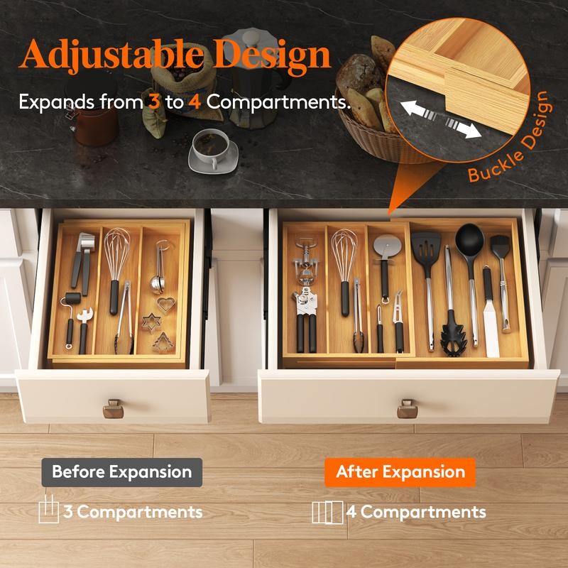Lifewit 4 Compartments Bamboo Utensil Drawer Organizer, Expendable Cooking Silverware