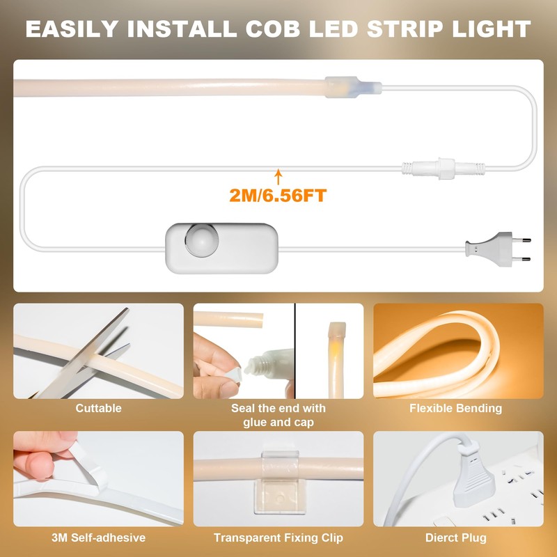 Gliztech IP67 Waterproof COB LED Strip Lights AC 120V Direct
