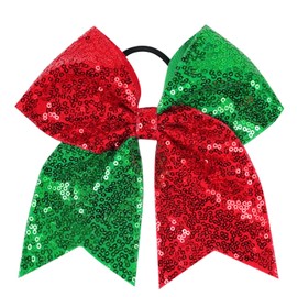 Xansema Bow Hair Tie for Girls Large Cheer Bow Sequins Ponytail Women Teen Girls Cheerleading Ribbon Holder Hair Band (Red + Green)