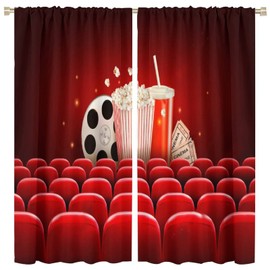 Movie Theater Blackout Curtains,Cinema Background with A Film Reel Popcorn Drink And Tickets Theme Print Window Drapes for Kitchen Living Room Bedroom Decor Tie Up 84x84in, W84xL84in,blackout