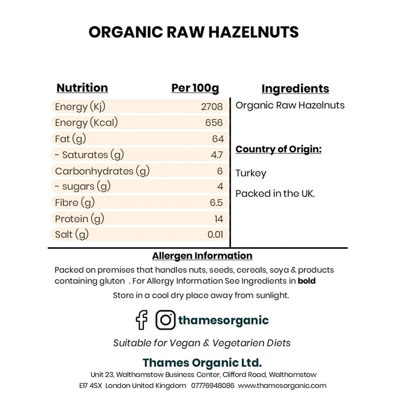 Organic Raw Hazelnuts-Certified Organic, Non-GMO, Vegan, No Additives, No Preservatives,