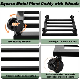 DEELF OUTLET 2 Packs 13.6 inches Large Metal Plant Caddy with PU Wheels Square Planter Dolly Pot Mover Rollers Wrought Iron Rolling Plant Stands Indoor Outdoor Plant Holder Coaster Trolley, Black