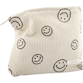 Makeup Bag for Women, Corduroy Cosmetic Bag Design Ladies Tote Bag, Pencil Case for Girls, Cute Smiley Face Makeup Organizer with Zipper Corduroy Cosmetic Bag (Beige, One Size)