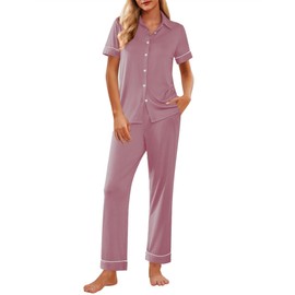 Ekouaer Women Pajamas Set Button Down Short Sleeve Pjs Set Soft Lounge Set with Long Pants,Mauve-pink M
