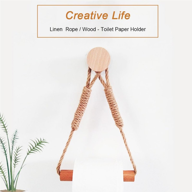 Wood & Rope Wall Toilet Paper Holder, Rustic Tissue Rolls