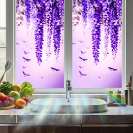 Nuxovilar Stained Glass Wisteria Window Film, 17.7×39.4inch Purple Hanging Flowers & Dragonfly Pattern, PVC Static Cling for Bedroom/Living Room Romantic Decor (Sparkle)