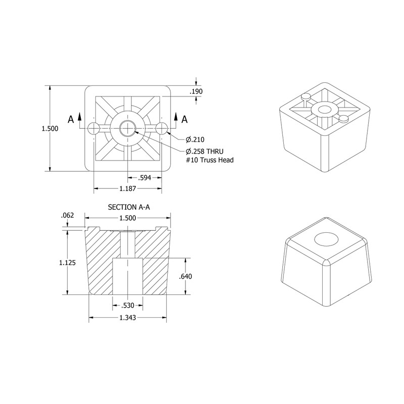 4 Large Cube Square Rubber Feet Bumpers - 1.125 H