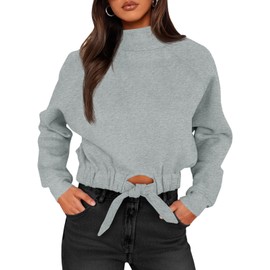 Fisoew Women's Cropped Sweatshirts Casual Turtleneck Fleece Long Sleeve Tie Front Loose Fall Pullover Tops Grey