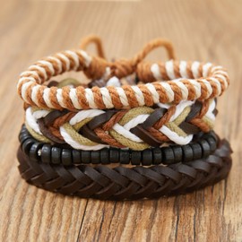EGOINA Leather Bracelet for Men Women Individuality Braided Bracelet Wooden Beads Bohemian Bracelet, Metal, No gemstone