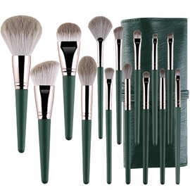 14-Piece Makeup Brush Set, Professional Synthetic Make-Up Brush Set, Make-Up, Foundation, Eyeshadow, Powder Cream, Blush, Concealer, Makeup Brush, Cosmetic Brush with Cosmetic Bag, Green