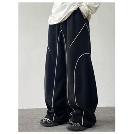 OYOANGLE Men's Contrast Side Cargo Pants Drawstring Elastic High Waist Long Pants Wide Leg Baggy Parachute Pants Black X-Large