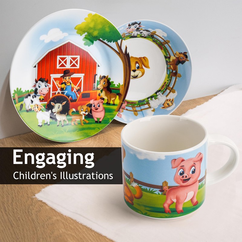 MIAMIO Kids' Farm Dinnerware Set - 3 Pieces, Ceramic, Includes