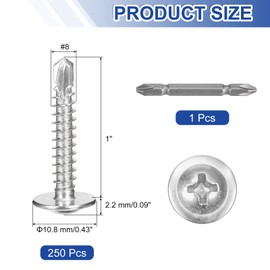 sourcing map 250Pcs #8x1" Self-Tapping Screws, 410 Stainless Steel Phillips Self Drilling Flat Head Sheet Metal Screws for Industry, Furniture Repair, Silver