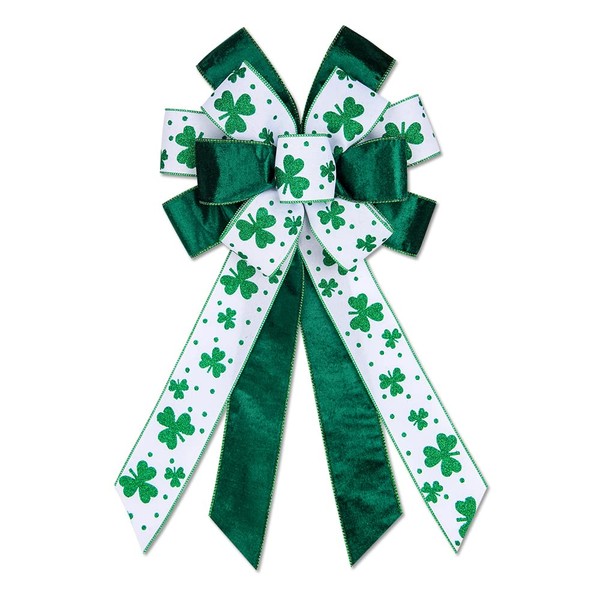Hying Large St. Patrick's Day Bows for Wreath, Green Shamrock Bow White Burlap Wreath Bows Holiday Irish Clover Tree Topper Bows for Front Door Saint Patrick's Day Decorations Supplies
