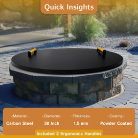 Simond Store Fire Pit Cover Round 38" - Rust Resistant 1.5mm Powder Coated Carbon Steel Firepit Snuffer Lid with 2 Ergonomic Wooden Handles - Compatible for Fire Pit Inside Dia Up to 36"