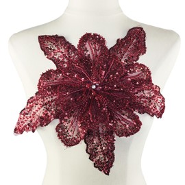 Carytalee 1PC 3D Lace Sequin Beaded Flower Sew on Embroidered Lace Applique Trim DIY Sewing Patch Wedding Dress Applique Decoration, Burgundy, 11.8 x 11 Inch