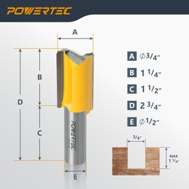 POWERTEC Straight Plunge Router Bit, 1/2 Inch Shank, 3/4" Cutting Dia. with 1-1/4" Cutting Length, Fits CNC Router, Handheld Router & Plunge Router, 1PK (73065)