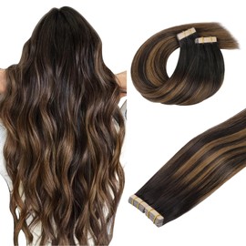 DOORES Human Hair Extensions Tape in, Balayage Dark Brown to Chestnut Brown Real Hair Extensions 40pcs 24 Inch 100g, Tape in Straight Natural Hair Extensions Skin Weft