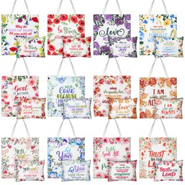Huhumy 24 Pcs Christian Gifts for Women Bible Verse Makeup Bags Religious Reusable Tote Bags Employee Appreciation Gift Inspirational Canvas Tote Bags Bulk Gifts for Friends Coworker Christmas Gifts