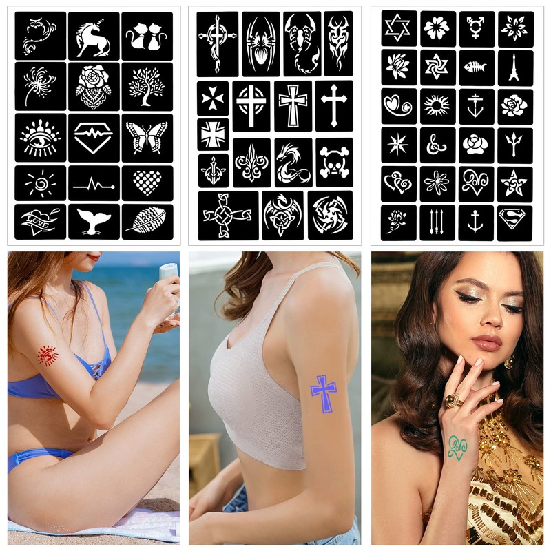 Qpout Tattoo Stencils for Children and Adults, 16 Sheets Henna