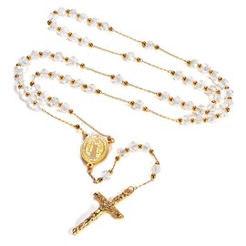 FaithHeart Rosary Necklace, Crucifix for Women, Car Rosary Necklace with Picture of Mary, Christopher, Michael, Catholic Rosary, God’s Eye Chain as Gifts, Glass, Pearl