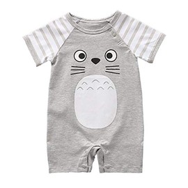 Unisex Baby Cotton Onesie - Short Sleeve Outfit with Cute Graphics, Striped Sleeves, 18-24 Months, Grey