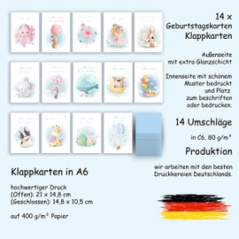 Geburtstagskarte Glückwunschkarten Set mit 14 Geburtstagskarten Klappkarten mit Umschlägen zarte süße Tiermotive Happy Birthday für Erwachsene Frau Kinder Mädchen Jungen Geburtstag Wünsche