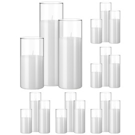 Shihanee 36 Pcs Pillar Candles and Glass Cylinder Vases Tall Cylinder Holders for Pillar Candles Wedding Centerpieces, Total 18 Sets(2.8‘’ X 5.9'',7.9'',9.8'',Clear,Ivory White)