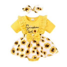 CBHAIBLYD Infant Baby Girl Summer Outfits Lace Ruffle Short Sleeve Ribbed Romper Dress with Headband 1-18 Months(Sunflower,3-6 Months)