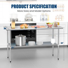 Chingoo Stainless Steel Table 30 x 60 Inches Metal Prep Table with Adjustable Undershelf for Commercial Kitchen & Outdoor Use