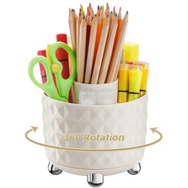 Marbrasse Desk Organizer, 360-Degree Rotating Pen Pencil Holder for Desk, Desk Organizers and Accessories with 5 Compartments Pencil Organizer (Milky white)