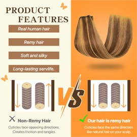 TESS Human Hair Extensions Adjustable Invisible Transparent Wire with 2 Secure Clips Natural Real Straight Hair for Women UK 55g 12 inch #4P27 Medium brown＆Dark blonde