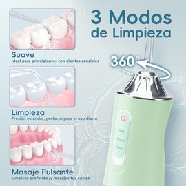 Irrigador Bucal Portátil Recargable, 3 Modos y 8 Boquillas Especializadas, Limpieza Profunda, IPX7 Impermeable, para Viajes, Familia y Uso con Brackets(Verde)