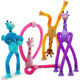 AquaFalcon 4 Pieces Telescopic Suction Cup Giraffe Toy, Shape Changing Telescopic Tube Fidget Toys, Pop Tubes, Fidget Tubes Sensory Toys for Girls Boys (Giraffe1)
