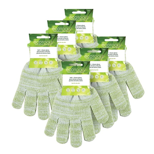 EcoTools Bath & Shower Gloves, Recycled Netting, Exfoliating, Gentle Cleansing for Whole Body, Use Before Self-Tanning, Removes Dry Skin, Dirt, & Impurities, Fits All Hands, 6 Pairs, 12 Gloves Total