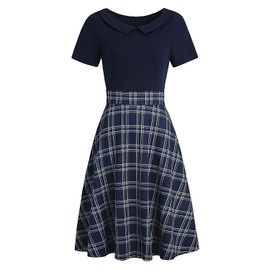 Work Dresses for Womens Elegant Vintage Business Floral Print Casual Party A-Line Swing Church Dress with Pockets 978 (XL, Navy Plaid)